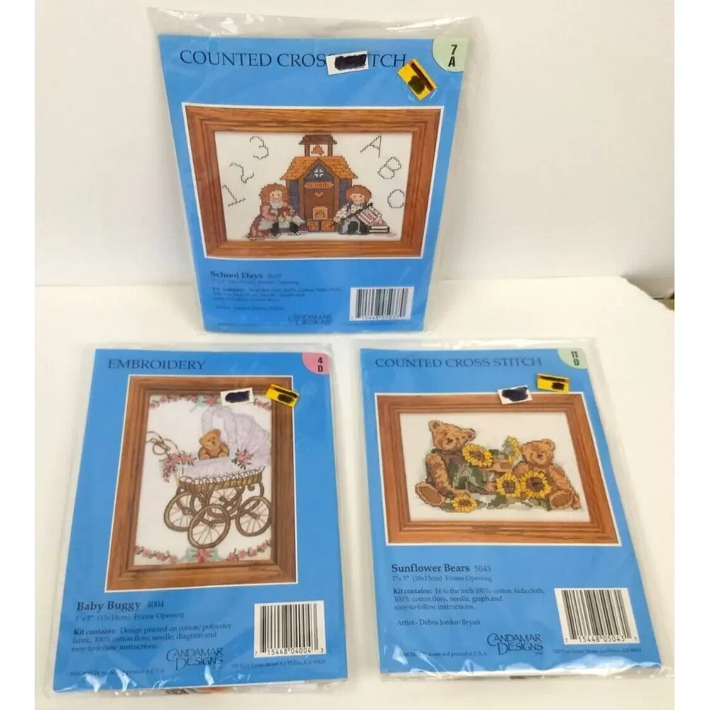 3 Vtg Candamar Designs Counted Cross‎ Stitch & Embroidery Kits Bears School NOS